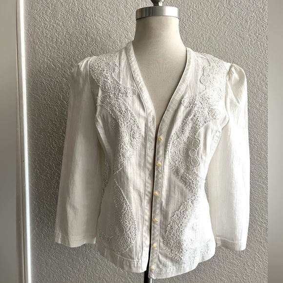 Chaps Jackets & Blazers - Chaps off White denim Jacket Cardigan w lace detailing women’s size large